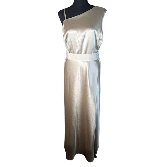 Birdy Grey One Shoulder Satin Maxi Dress Champagne 3X Formal Wedding Trendy Luxe - Picture 2 of 16